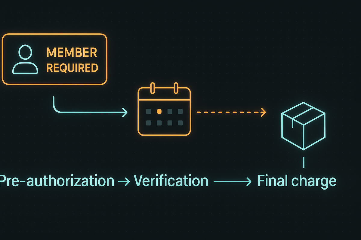 Clean neon flowchart—MEMBER REQUIRED → calendar review → package, captioned “Pre-authorization → Verification → Final charge”—Famipay membership rule and payment hold-to-shipment timeline, calm clarity for anxious applicants