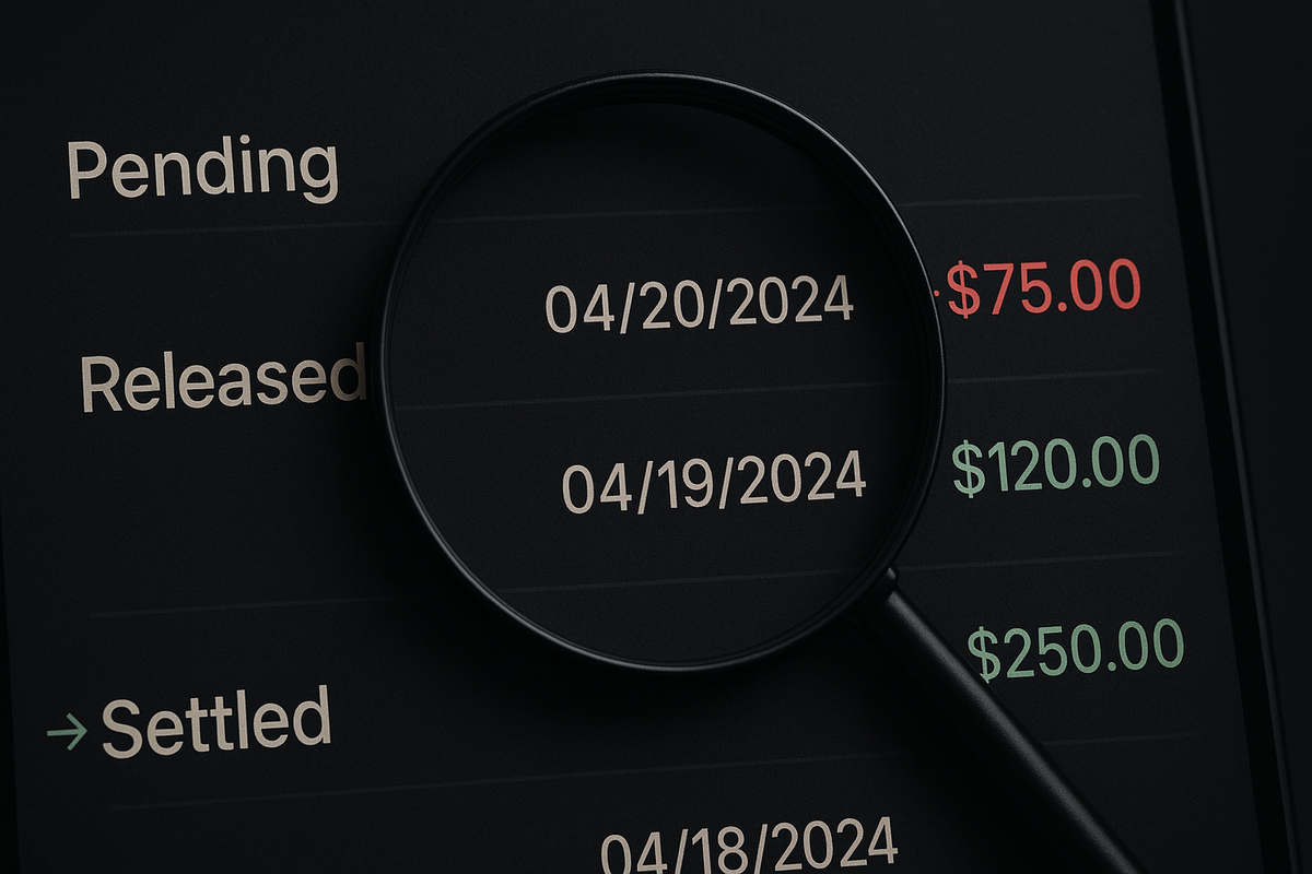 Macro credit-card activity under a magnifying glass—Pending/Released/Settled dates with red and green amounts—how to read refund timing to spot win or loss, forensic detail with quietly hopeful tone