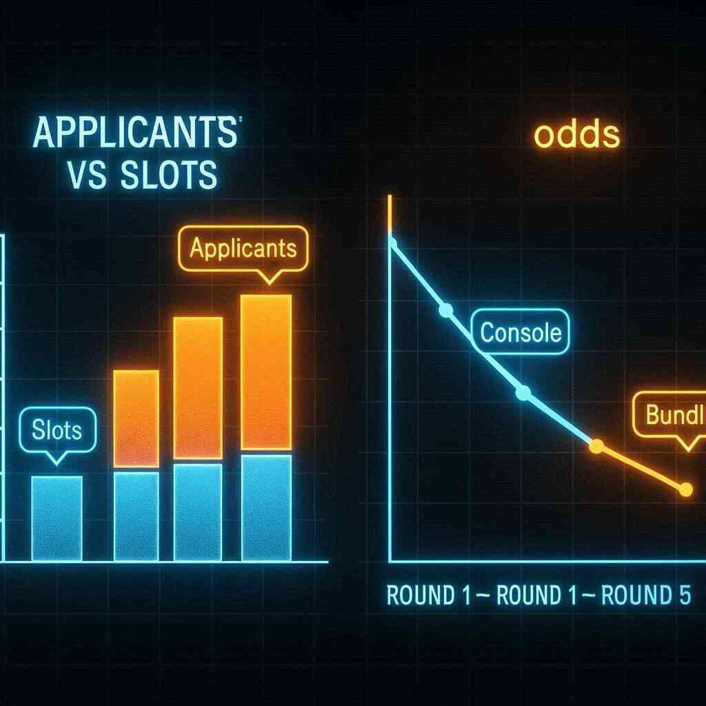Dual charts on dark grid—Applicants vs Slots rising bars and “odds” line plunging from Round 1 to Round 5 (Console vs Bundle)—thrilling probability math that visualizes fierce competition and shrinking chances