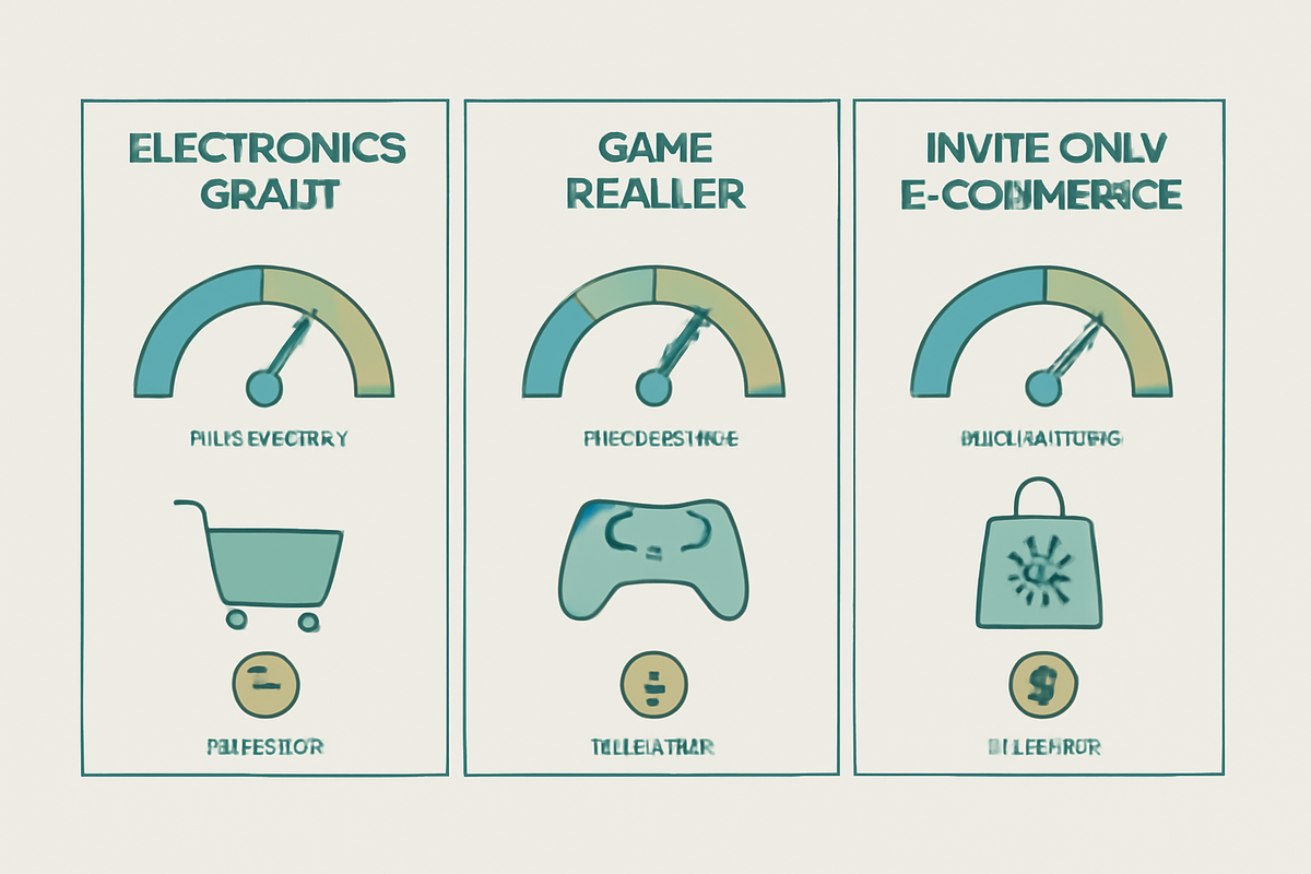 Three-column comparison tiles—electronics chain, game retailer, invite-only e-commerce—difficulty gauges, perk and price icons—decisive, strategic mood for choosing the best Switch2 lottery alternative