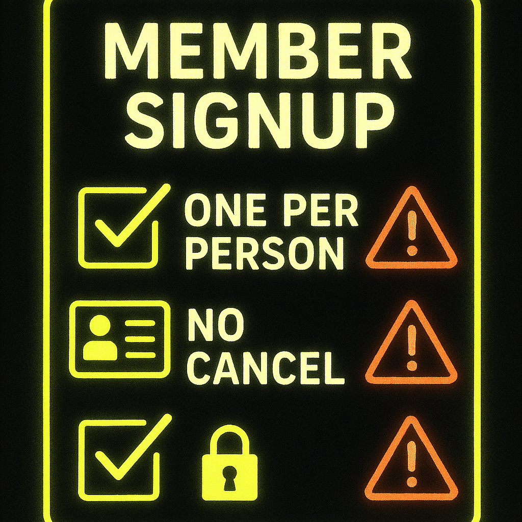 Glowing ruleboard—“MEMBER SIGNUP,” checkmarks for one-per-person and ID, red warning triangles, padlock—strict participation rules for FamilyMart Online Switch2 lottery, urgent caution with high-stakes energy