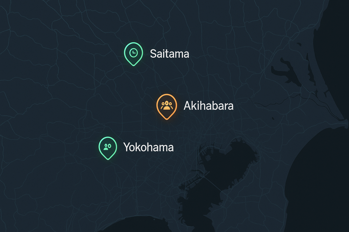 Tokyo metro dark map with Akihabara crowd pin, Saitama time pin, and Yokohama low-queue pin—store-by-store status for Switch 2 drop, actionable navigation vibes