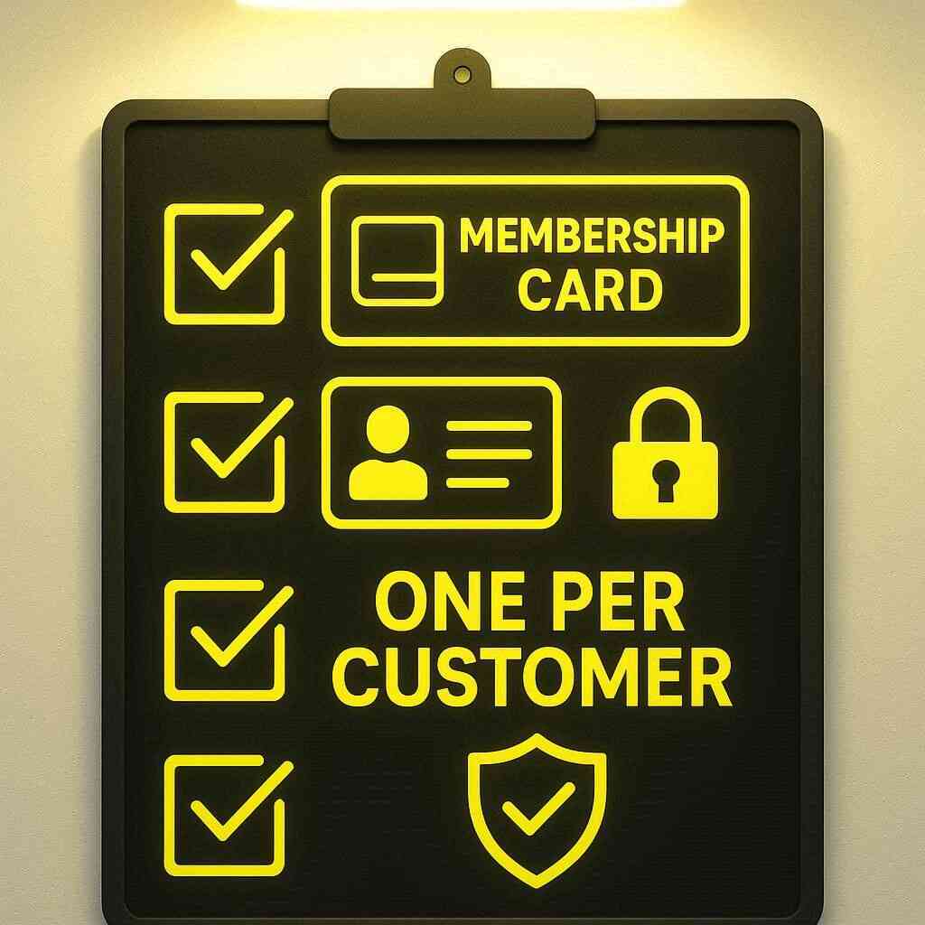 Bright checklist board—membership card, photo ID, one-per-customer limit, lock shield—purchase requirements and anti-resale policy for surprise console sale, strict but fair rules