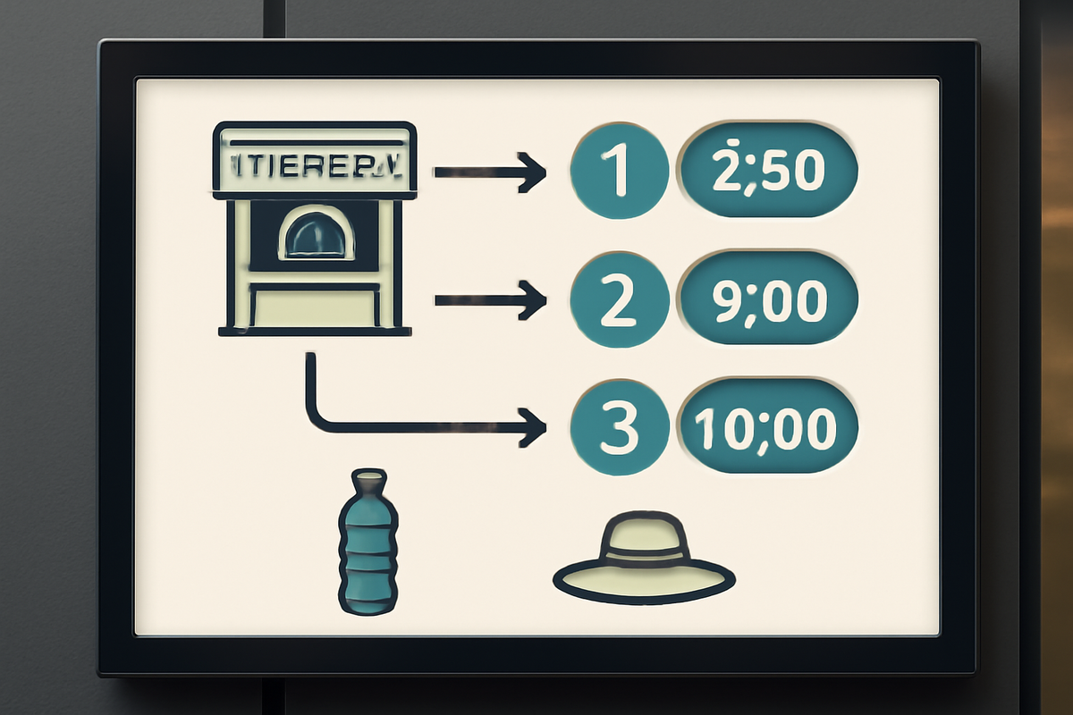 Ticket distribution guide board—booth icon → slot 1/2/3 times with water bottle and sunhat—queue strategy and safety tips to survive the line, calm confidence