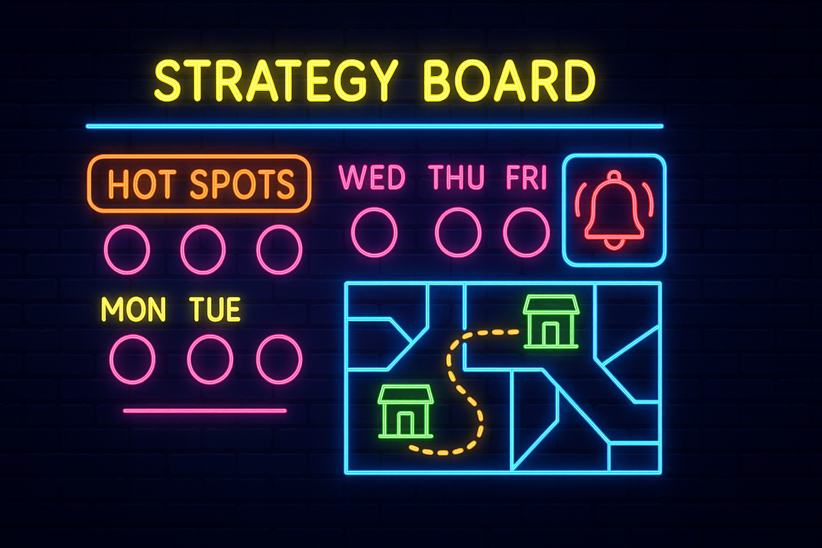 Neon strategy board with HOT SPOTS, weekday calendar, alert bell, and store-to-store route map—multi-store patrol plan and notifications to boost Switch 2 win rate, triumphant glow