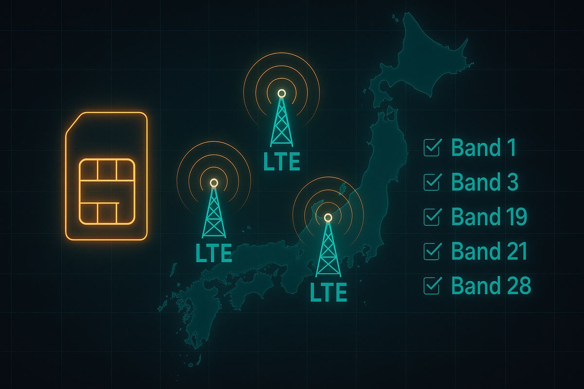 Neon SIM and LTE towers over a Japan map with checkmarks for Band 1/3/19/21/28—ahamo (docomo network) band checklist made visual, nationwide coverage vibes, reassuring signal energy