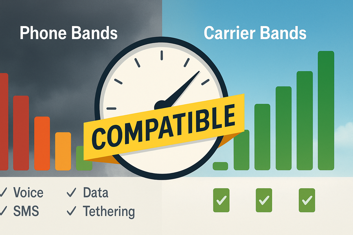 Compatibility gauge between “Phone Bands” and “Carrier Bands” with ticks for Voice/SMS/Data/Tethering—OPPO A5x × ahamo verdict snapshot, decisive yes/no feeling, instantly scannable truth