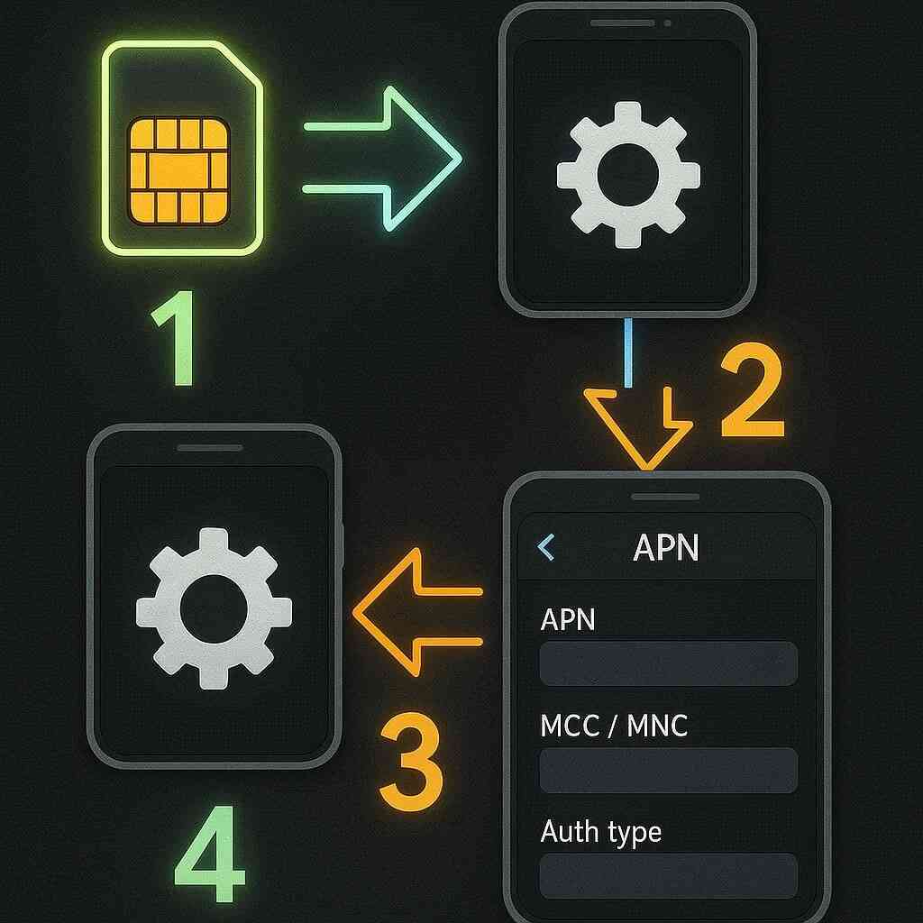 Four-step APN setup diagram—insert SIM → open settings → enter APN parameters → reconnect—hands-on guide to make OPPO A5x work on ahamo, stress-free, step-by-step confidence