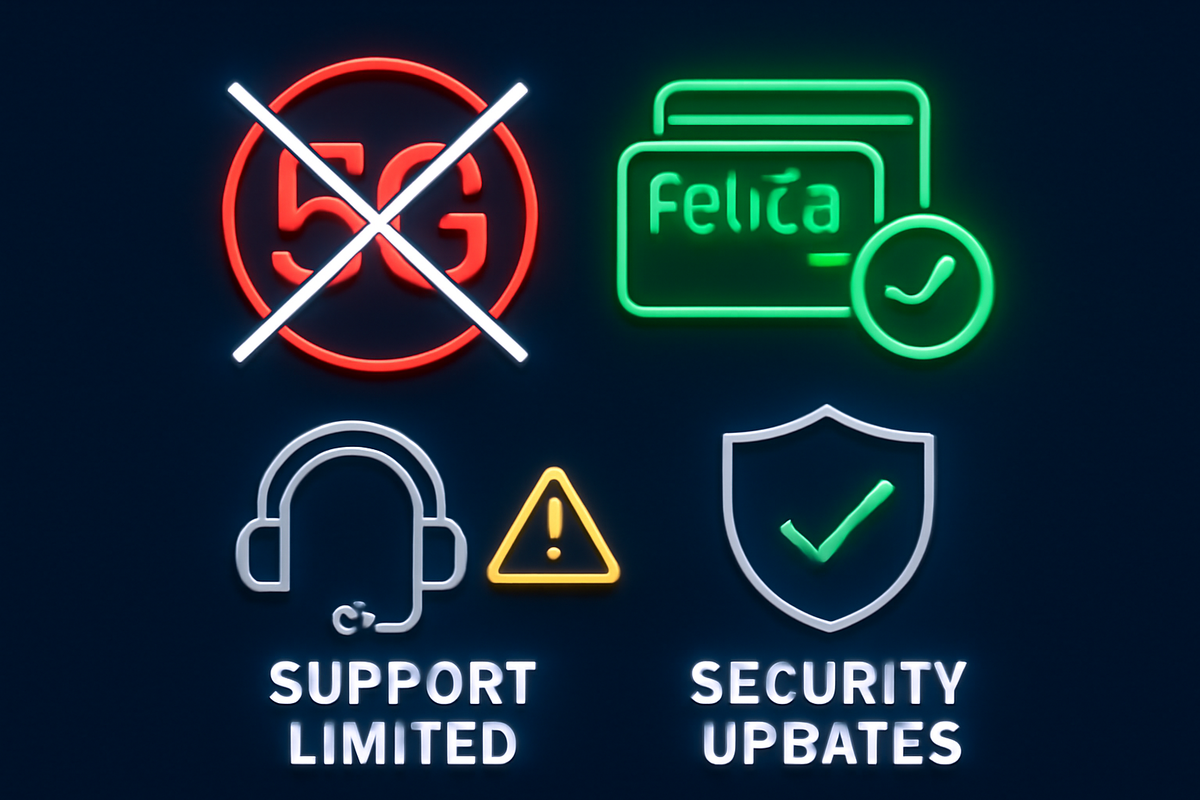 Caution board of glowing icons: 5G crossed out, mobile-wallet/NFC note, limited official support, security updates shield—real-world limitations for OPPO A5x on ahamo, honest warning with hopeful safety
