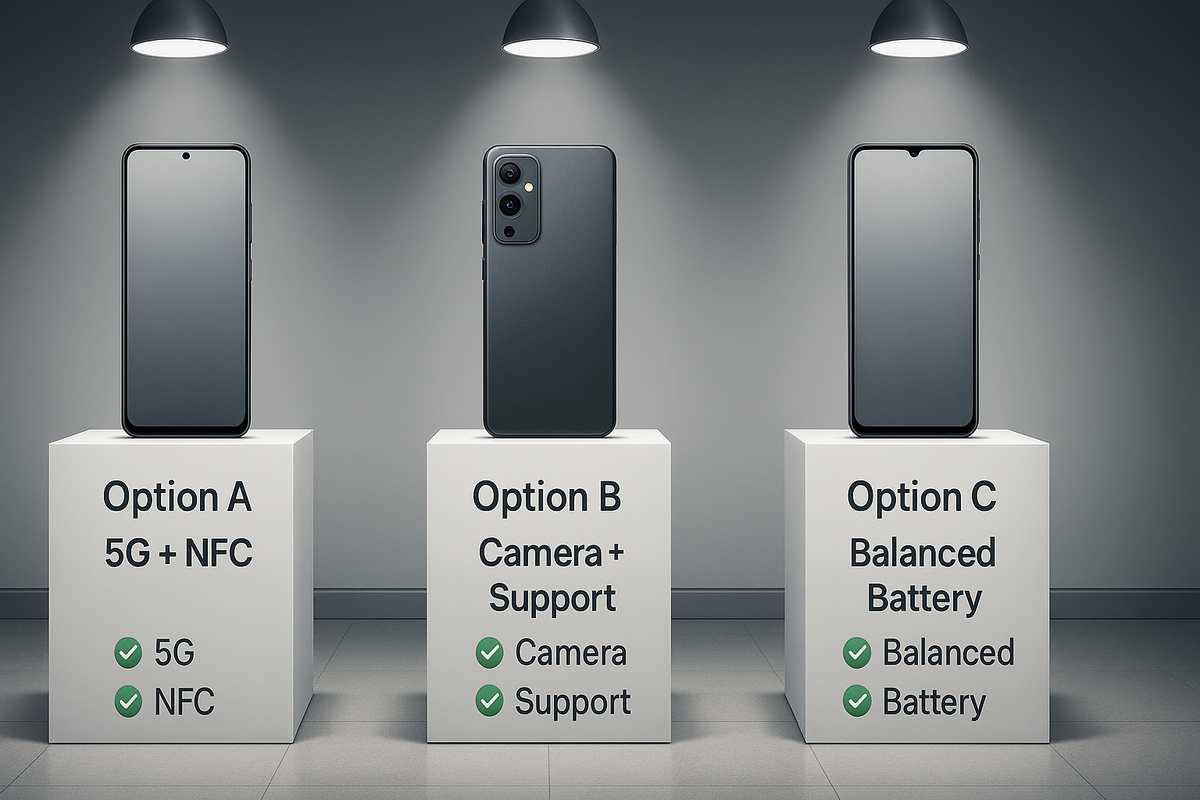 Three neutral phones on pedestals labeled Option A/B/C—A: 5G+NFC, B: camera+support, C: balanced battery—best ahamo-friendly alternatives to OPPO A5x, practical choices, empowering clarity