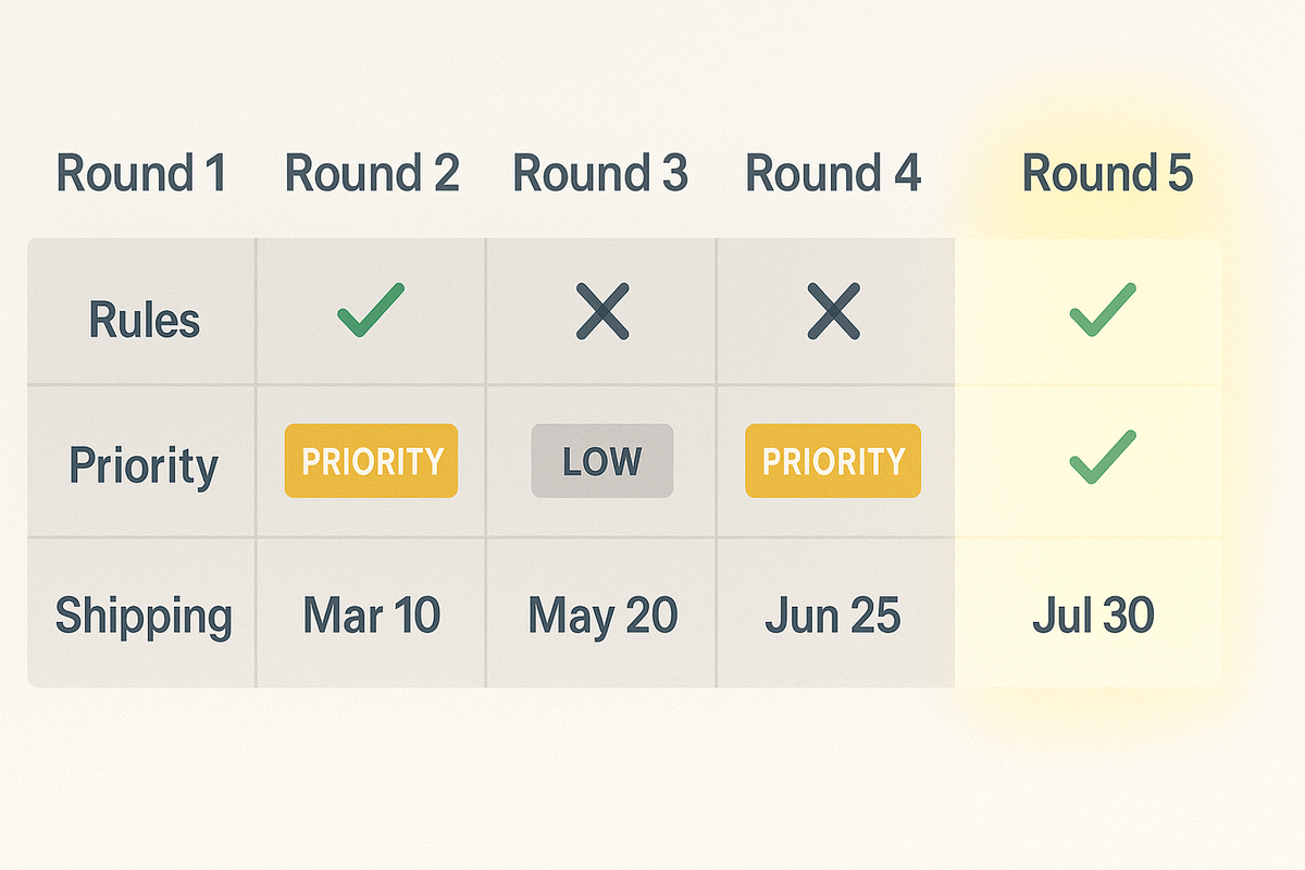 Round-by-round comparison table—rules ticks/crosses, priority tags, shipping dates—Round 5 highlighted—calm clarity that explains what changed, decisive and confidence-boosting
