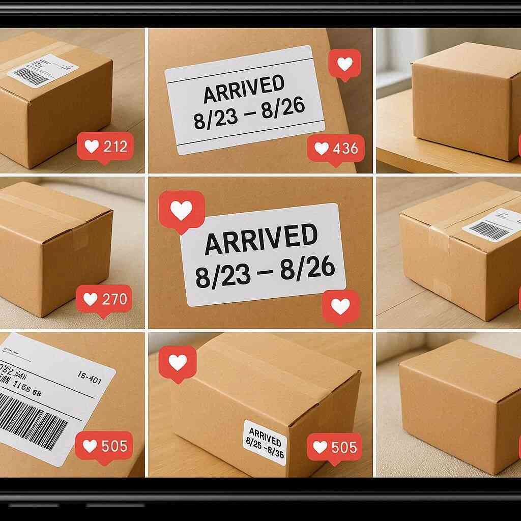Nine-tile social feed of delivered boxes—stickers reading “Arrived 8/23–8/26” with heart counters—real-time buzz, joyful momentum, FOMO-sparking proof of shipments