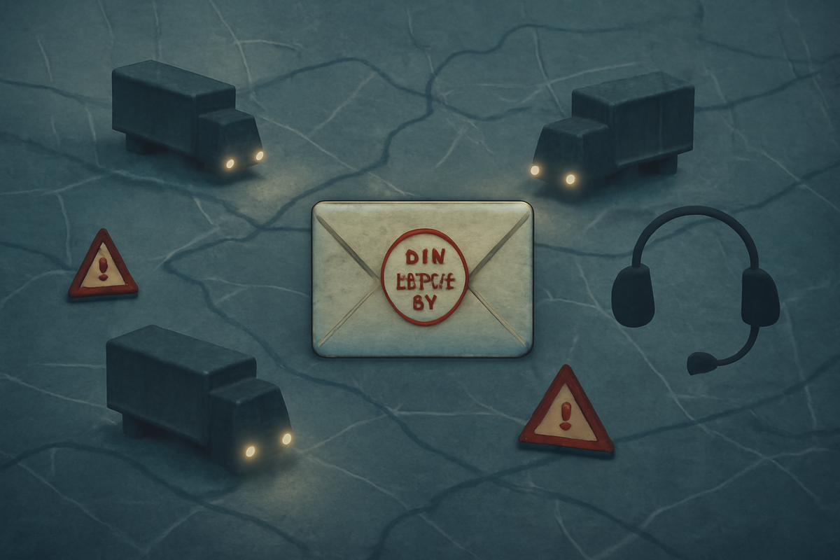 Stormy delivery map with slow trucks, warning triangles, and a lost-mail envelope—missing notification and weather delay scenario—support headset nearby—empathetic troubleshooting vibe
