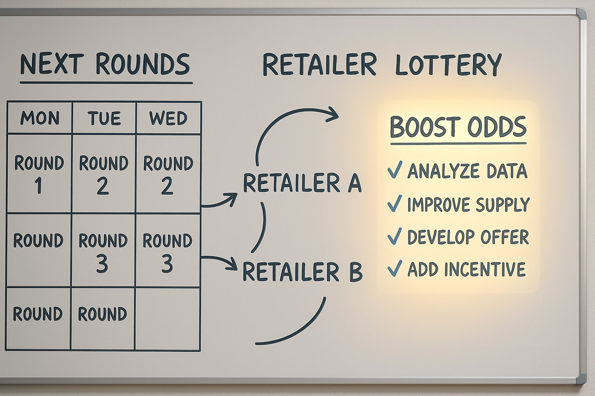 War-room whiteboard—“Next Rounds” calendar, arrows to multiple retailers, glowing “Boost Odds” checklist—actionable multi-retailer strategy, confident planning, optimistic push forward