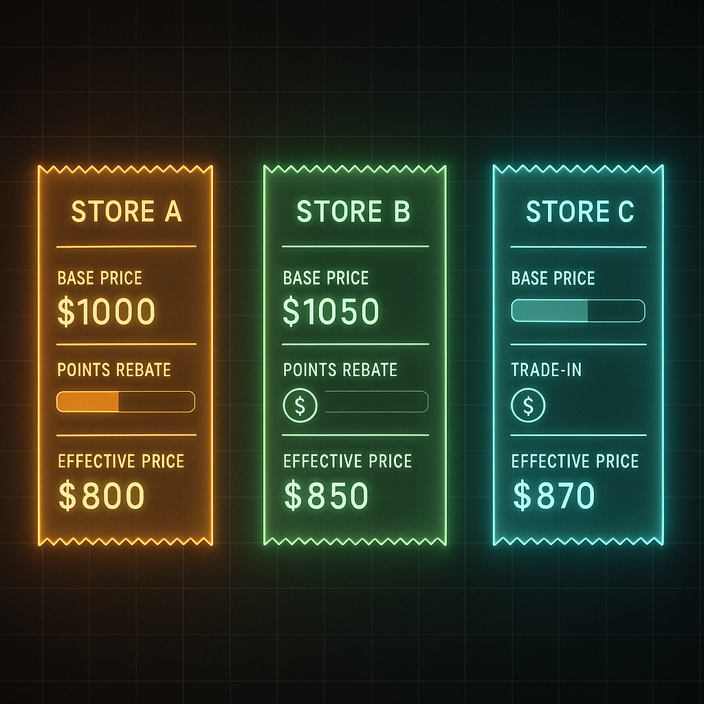 Three neon receipts comparing Store A/B/C—base price, points rebate, trade-in, effective price—who’s the cheapest for Pixel Watch 4 pre-order, data-driven savings with decisive “best deal” energy