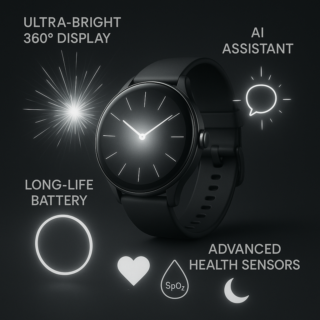 Pixel Watch 4 hero shot with callouts—ultra-bright 360° display, long-life battery, AI assistant, advanced health sensors—clean spec highlight for shoppers, premium future-proof vibes