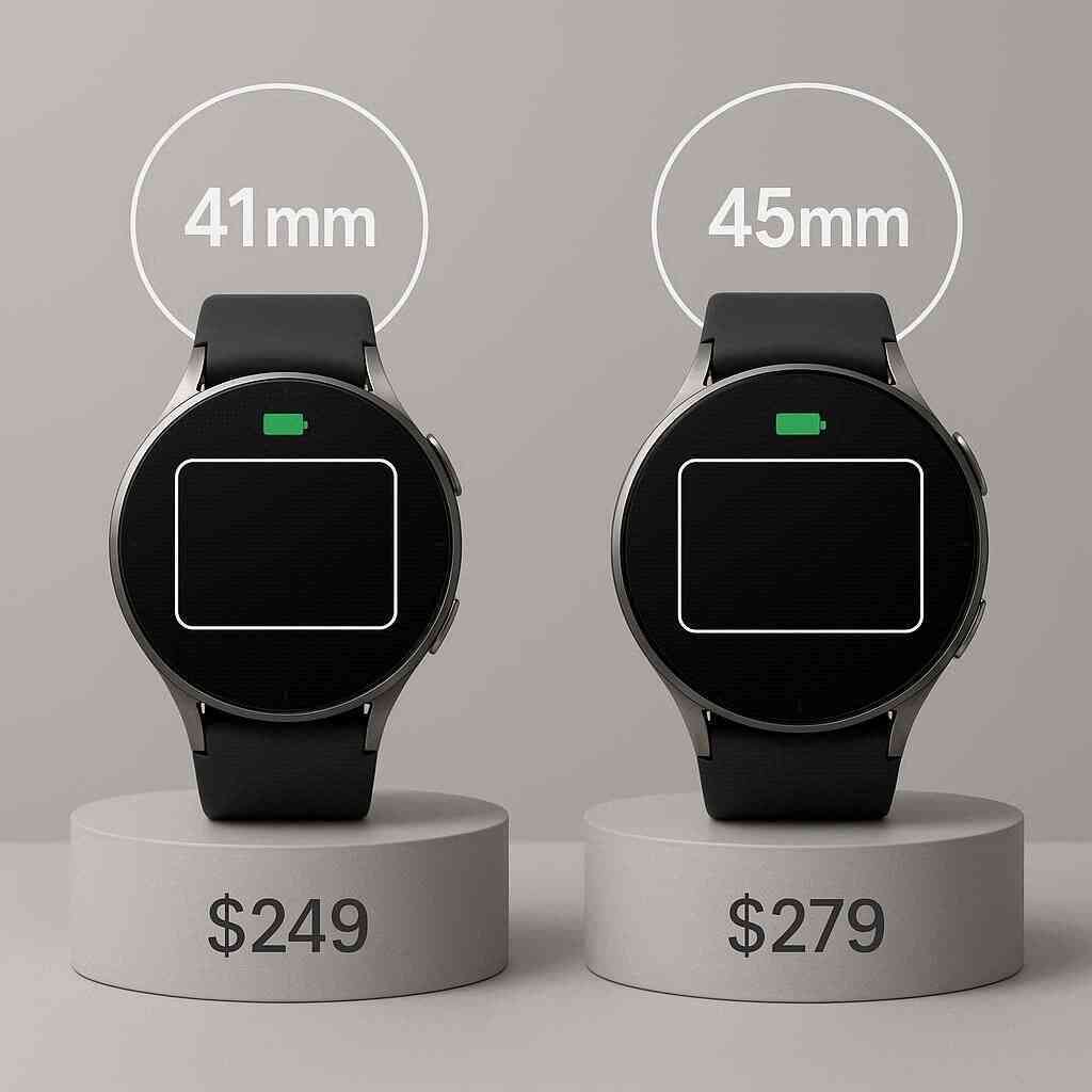Side-by-side Pixel Watch 4 41mm vs 45mm on pedestals—battery icon and price below—size choice, comfort fit, and value comparison at a glance, practical yet aspirational tone