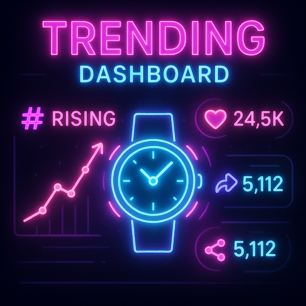 Neon “Trending Dashboard” with smartwatch icon, rising chart, likes and shares—Pixel Watch 4 buzz exploding on social media—viral momentum, can’t-miss hype wave