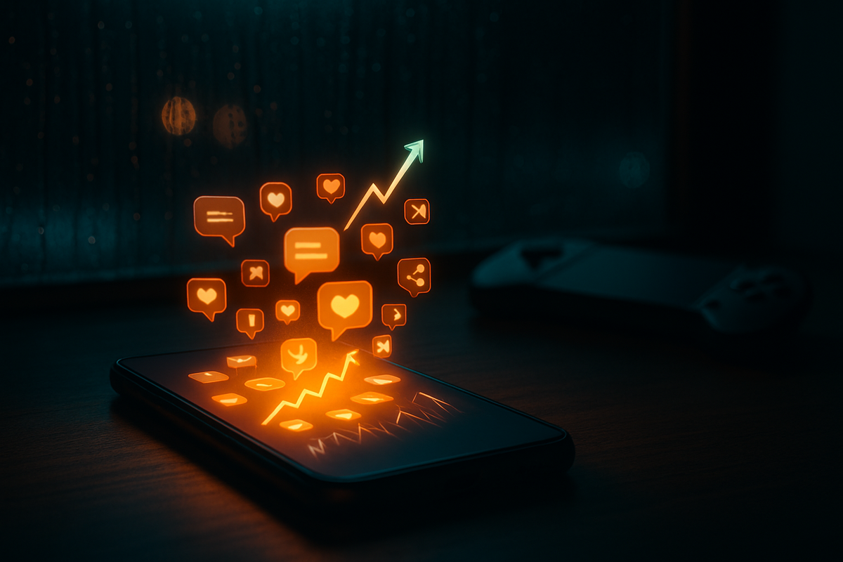 Phone exploding with glowing chat/heart icons and an arrow rocketing up—real-time buzz about new console deliveries, rainy-night hype, electrifying FOMO energy