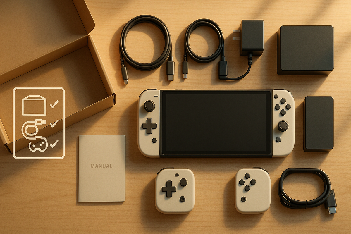 Satisfying unboxing flat-lay on a wood desk—handheld console, controllers, dock, charger, USB-C cables, manual—clean checklist vibe, nothing missing