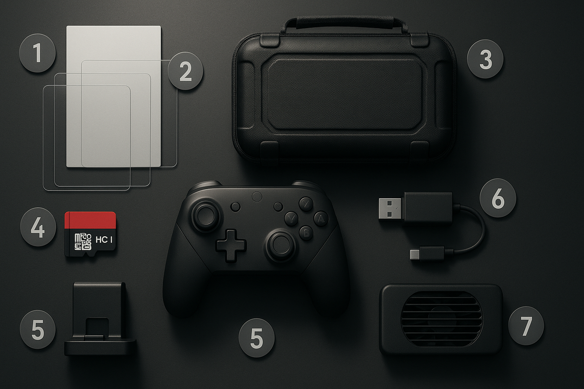 Top-7 must-have accessories lined on dark slate—glass protectors, carry case, pro controller, microSD, charging stand, LAN adapter, cooling fan—day-one readiness, calm power