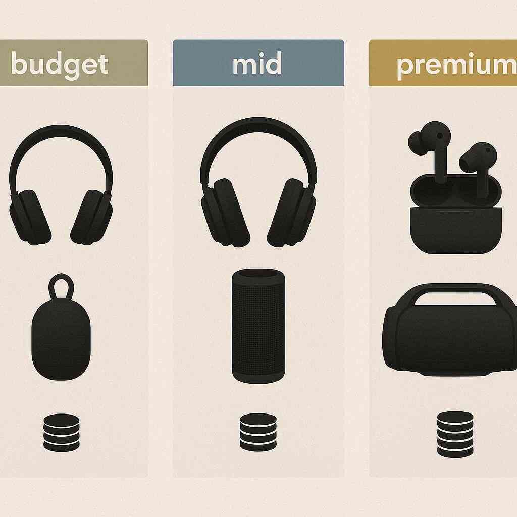 Price-tier comparison grid—budget / mid / premium—simple silhouettes showing accessory choices at a glance—smart picks for every wallet, confident clarity