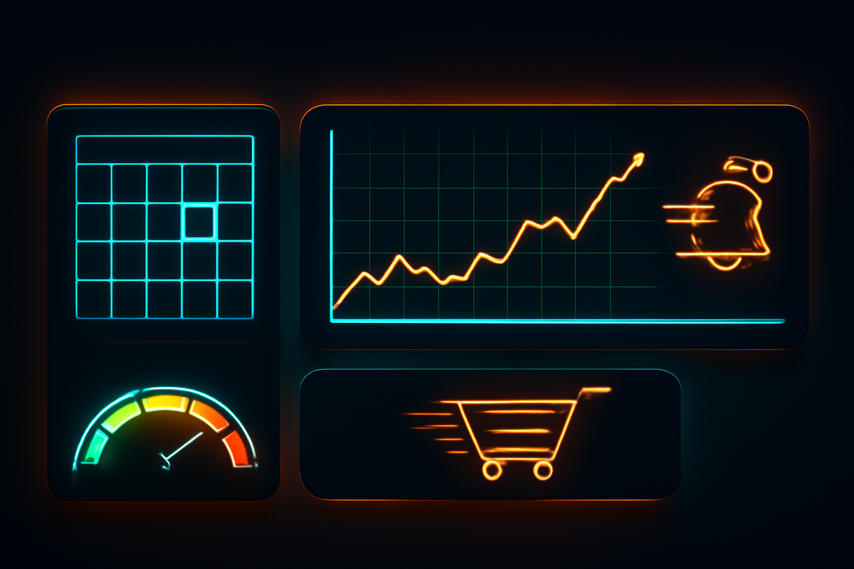 Neon stock-timing dashboard—calendar block, demand gauge, rising price chart, fast delivery scooter, speedy cart—buying window now, urgent yet crystal-clear guidance