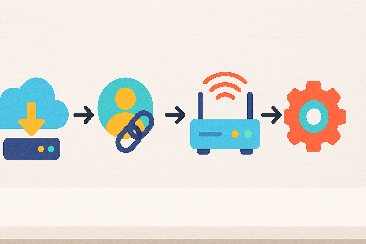 Step-by-step setup flow—cloud restore → account link → Wi-Fi router → settings gear—first-day checklist made simple, stress-free start with warm optimism