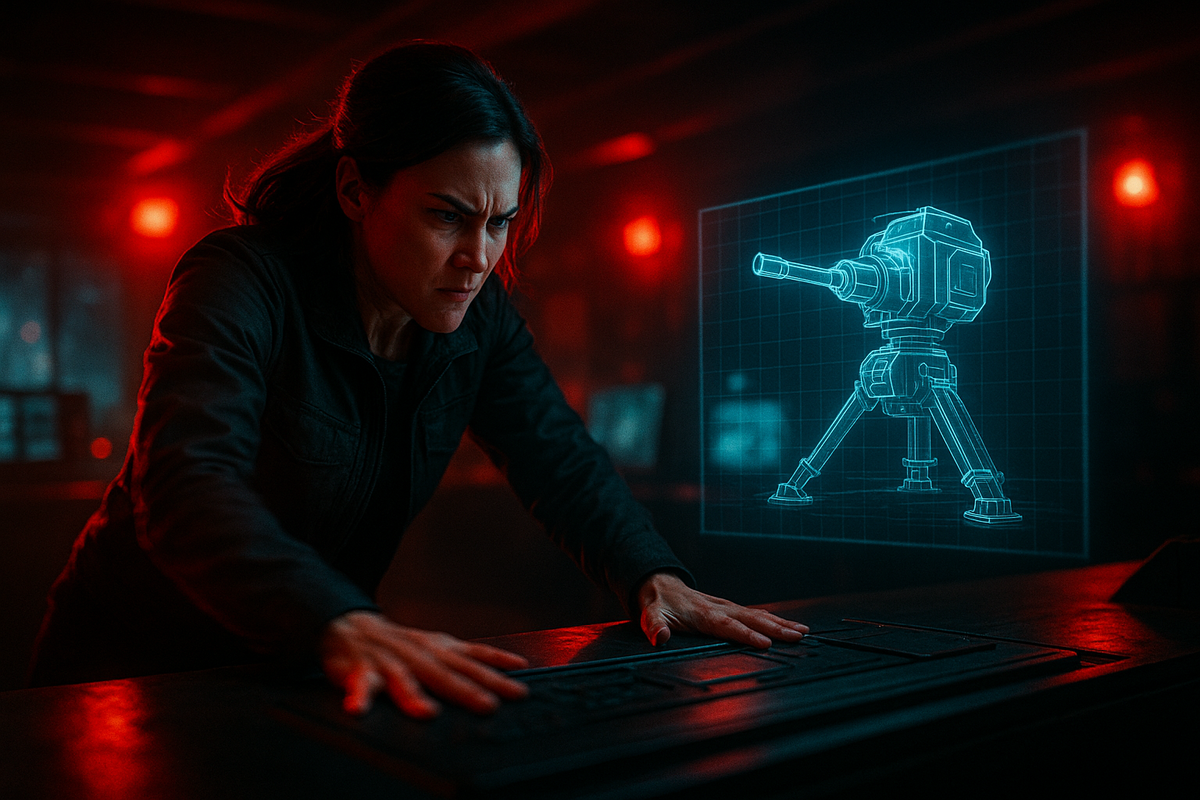 Red-lit war room—determined woman bracing over a console as a holographic auto-turret blueprint unfolds on a grid, urgent alert energy, gritty sci-fi resolve, high-stakes tension