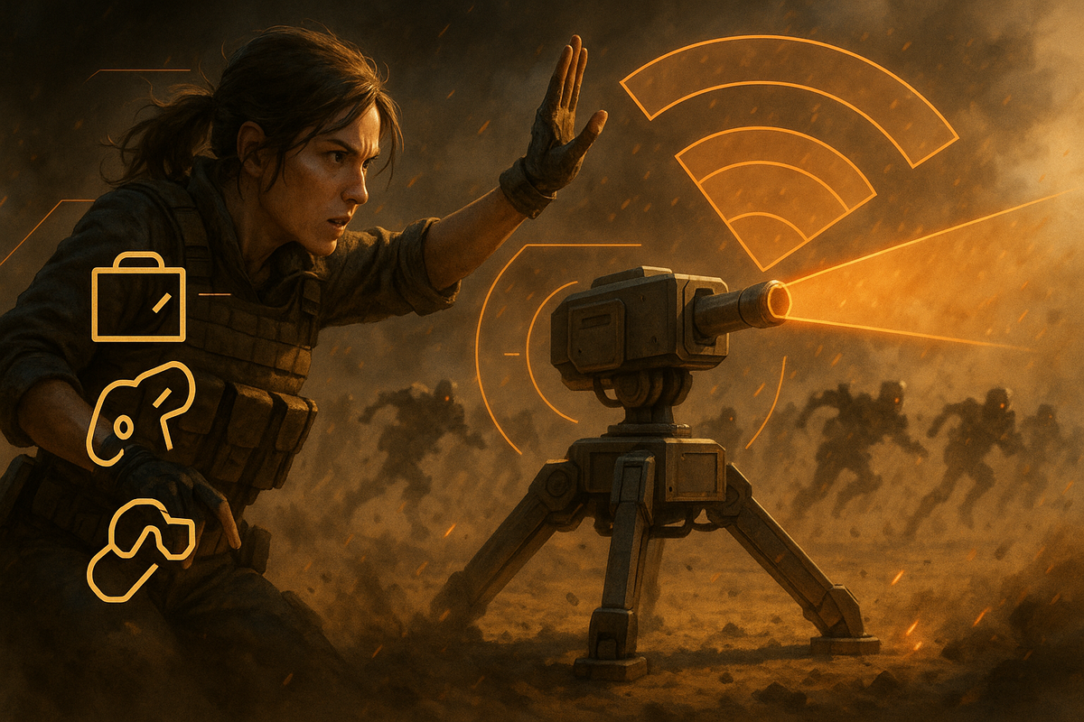 Desert firefight—heroine throws a command signal while an autonomous turret locks onto a rushing swarm; orange tactical waves cut the dust, kinetic chaos, heart-pounding defense, blazing momentum