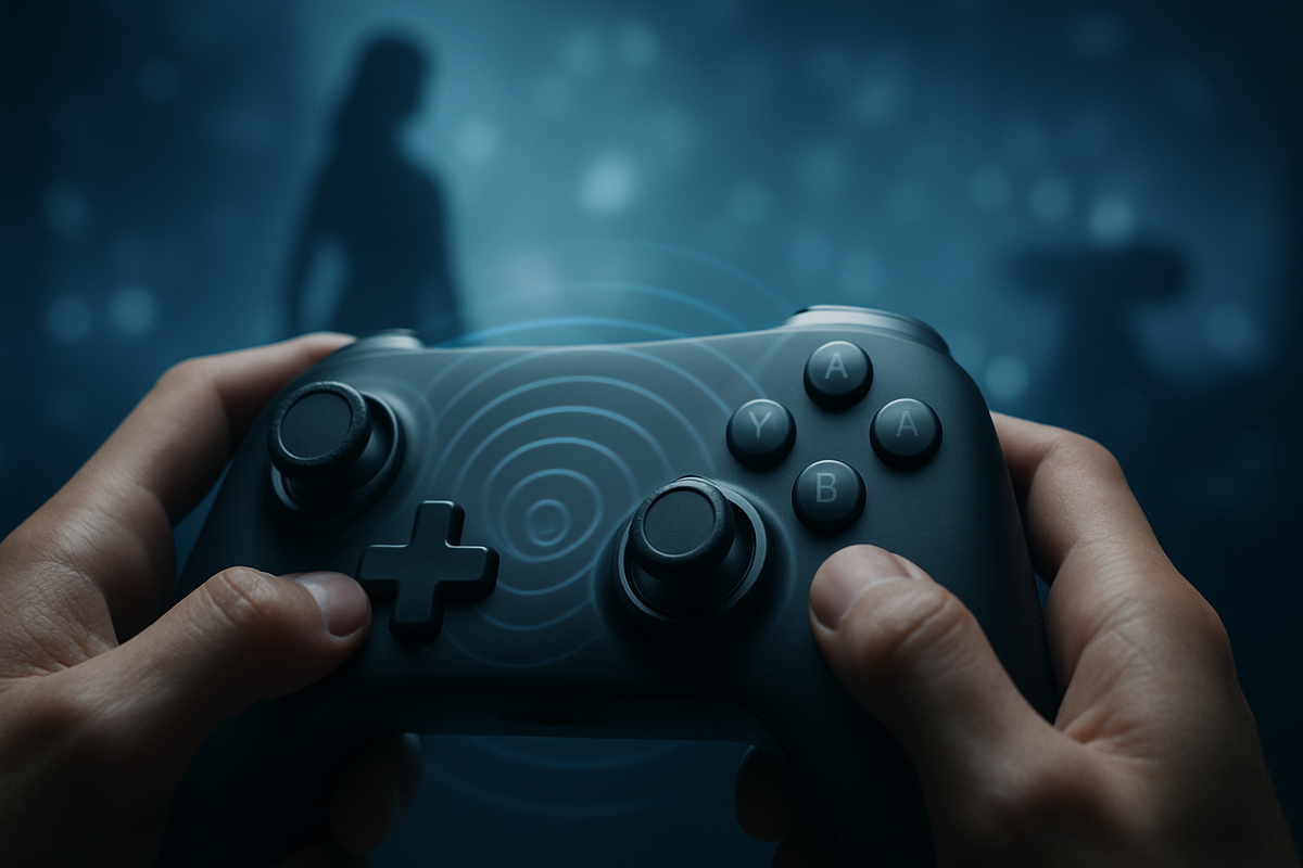 Close-up of a neutral game controller held tight—soft haptic ripples radiate toward a distant silhouette of a girl and a turret, immersive control, quiet anticipation, cinematic bokeh calm