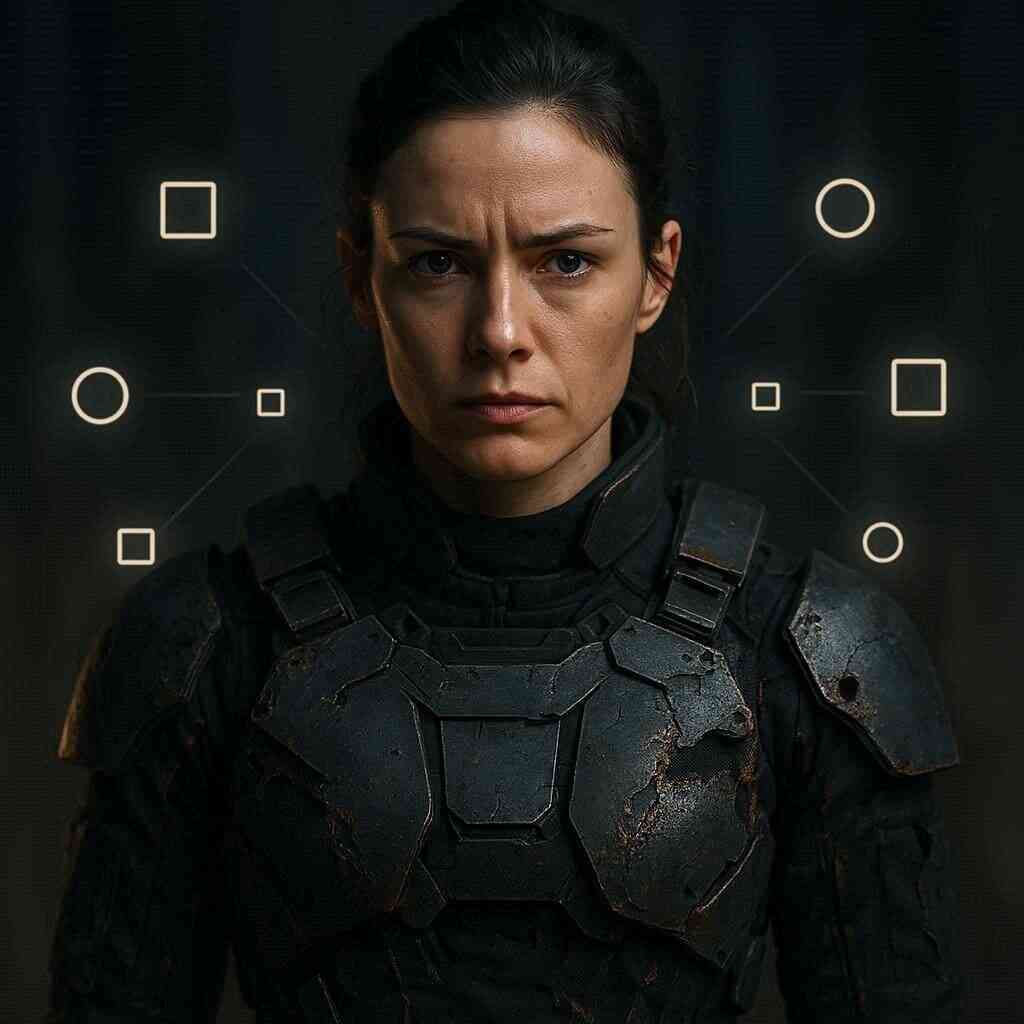 Battle-worn heroine portrait in modular armor—subtle upgrade nodes orbit around her, fierce eyes and unshakeable resolve, resilient customization, storm-calm intensity, dignified power