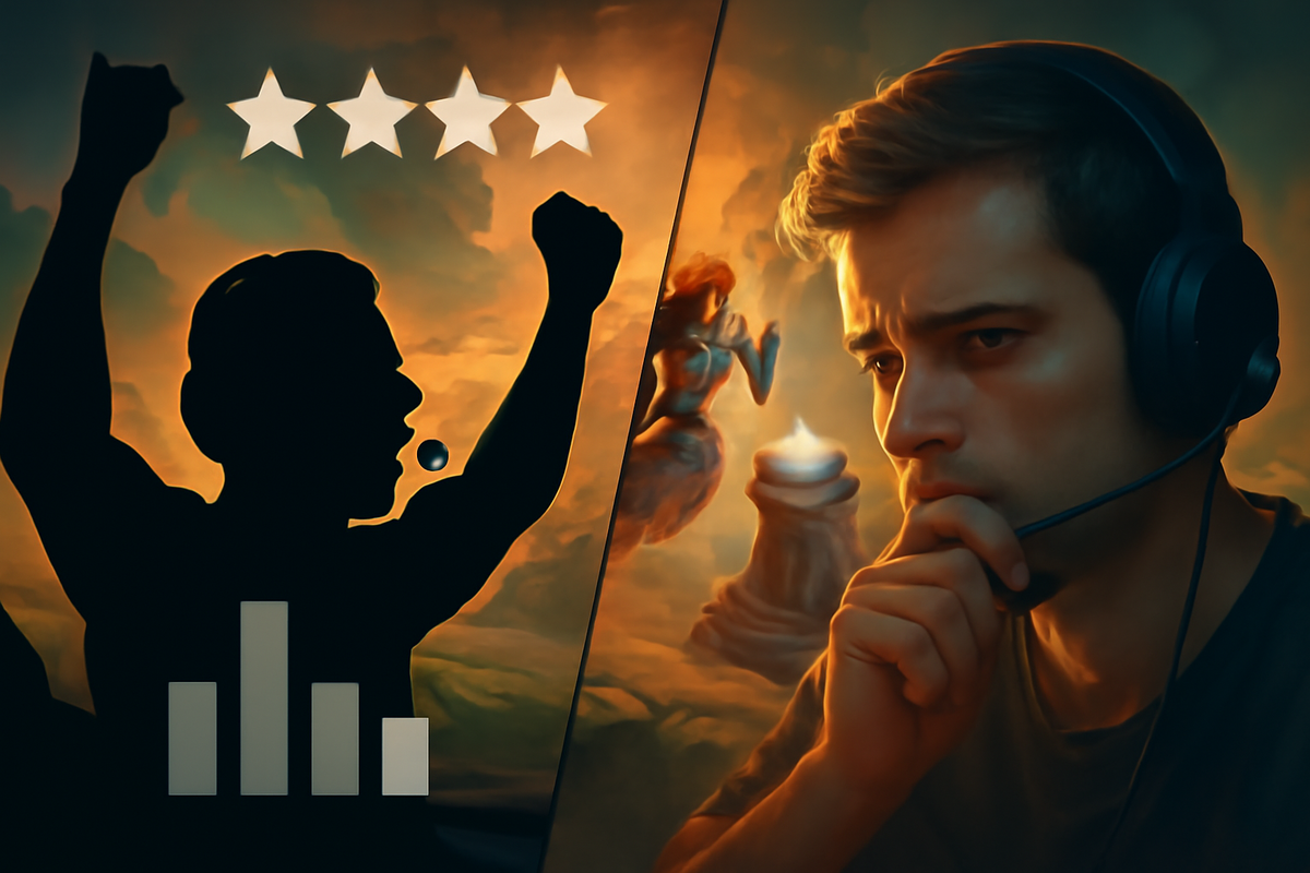 Review mood split—cheering player silhouette vs thoughtful headset gamer, star rating and neutral bars overlay, balanced praise and critique, community heartbeat, reflective yet electric