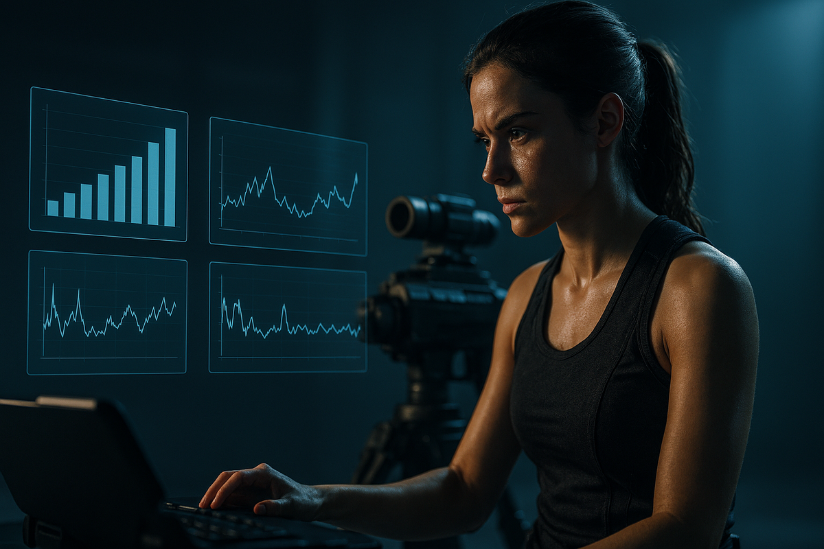 Performance lab at night—focused operator at a laptop with glowing frame-time dashboards, turret rig in the background, analytical calm, optimization mindset, cool blue determination