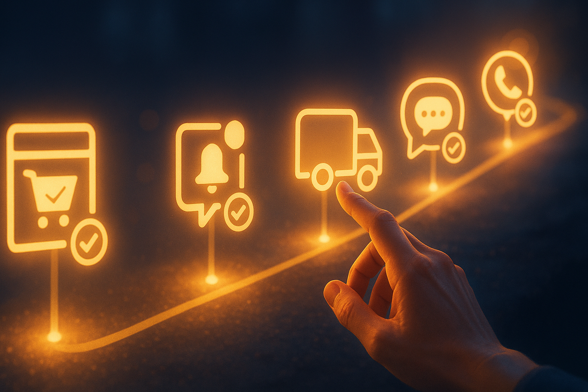 Five glowing checkpoints along a path—order history, notifications, courier tracking, support chat, phone call—finger selects the truck icon, hopeful guidance and actionable clarity for Switch2 status