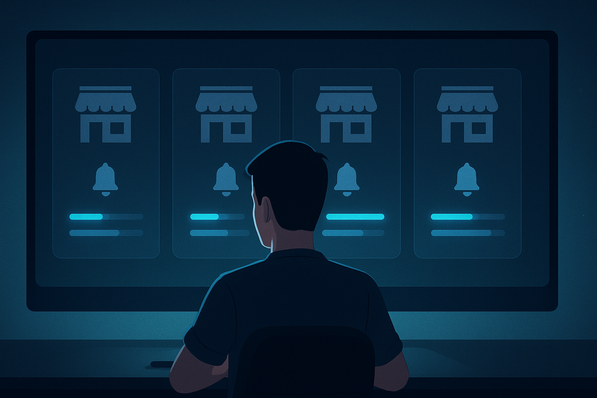 Neutral comparison dashboard—four retailer notification cards side-by-side with progress bars—calm analytical mood to compare shipping systems, decisive no-nonsense clarity for Switch2 buyers