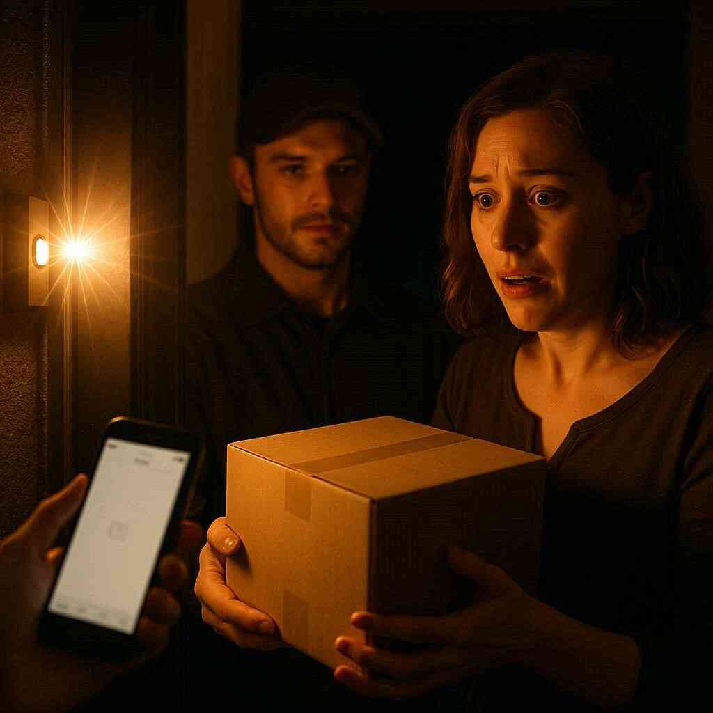 Doorstep surprise—courier hands a plain package while the phone still shows no email—shock then relief on the recipient’s face, sudden-arrival drama for Switch2, warm reassuring glow