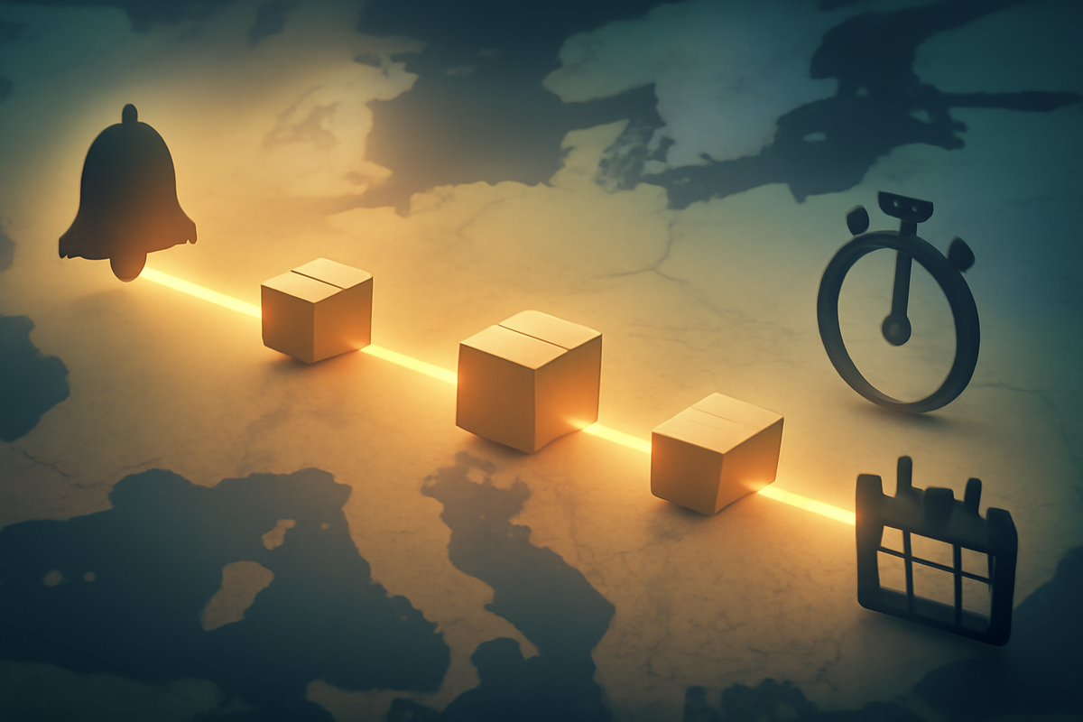 Time-map timeline—bell → boxes → stopwatch → calendar floating over a regional map—expected days from email to delivery, steady anticipation, data-driven calm for Switch2