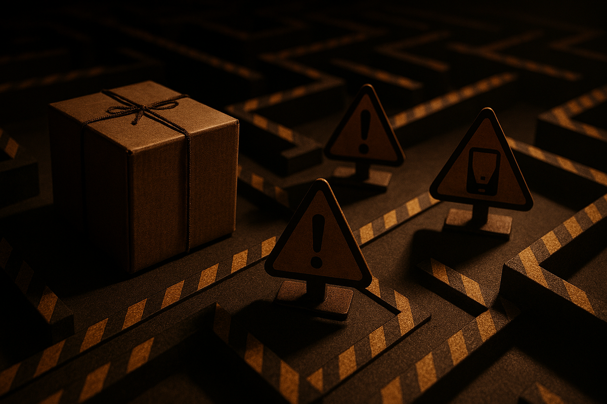 Hazard maze around a parcel—warning signs for address errors, payment failures, bundle delays, and account limits—caution-first energy, preventable pitfalls behind Switch2 shipping delays
