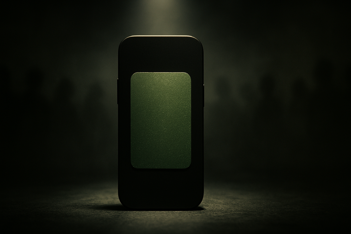 Spotlit Moss Green back panel on a generic flagship—Docomo online-only exclusive with faint crowd silhouettes—scarcity tension, coveted color, FOMO heat, elegant desire