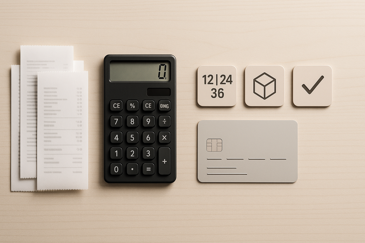Receipts, calculator, 12|24|36 installment tiles and neutral card—Xperia 1 VII SO-51F total price breakdown ¥236,830—fee tips and down payment notes, calm money clarity