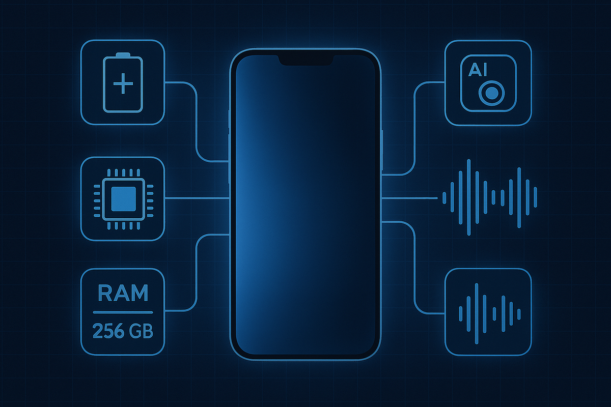 Exploded spec wall—generic phone linked to battery 5000mAh, chipset, AI camera, RAM 12GB and storage 256GB, audio waveforms—high-end power, deep tech awe, confident precision