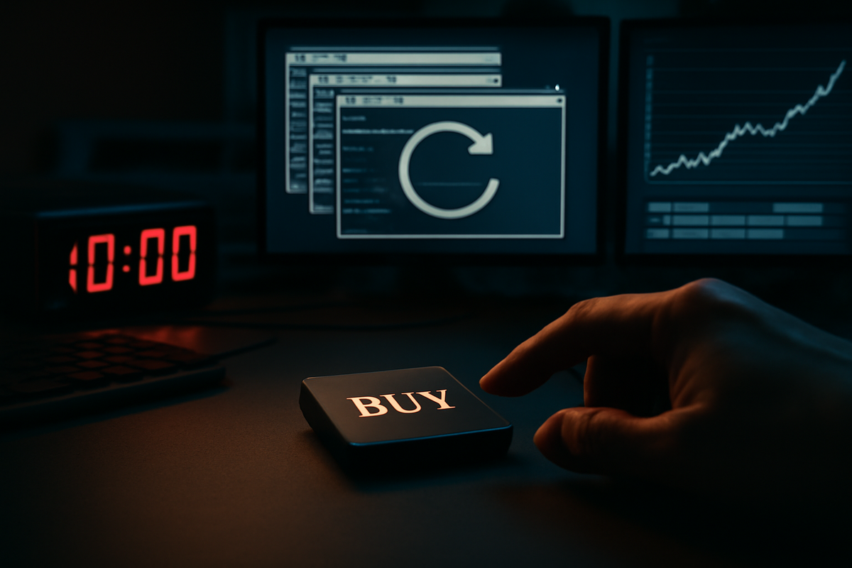 10:00 alarm glowing beside auto-refresh screens and a poised finger over a BUY key—post-restart stock-hunt strategy for Xperia 1 VII—high-stakes focus, decisive momentum