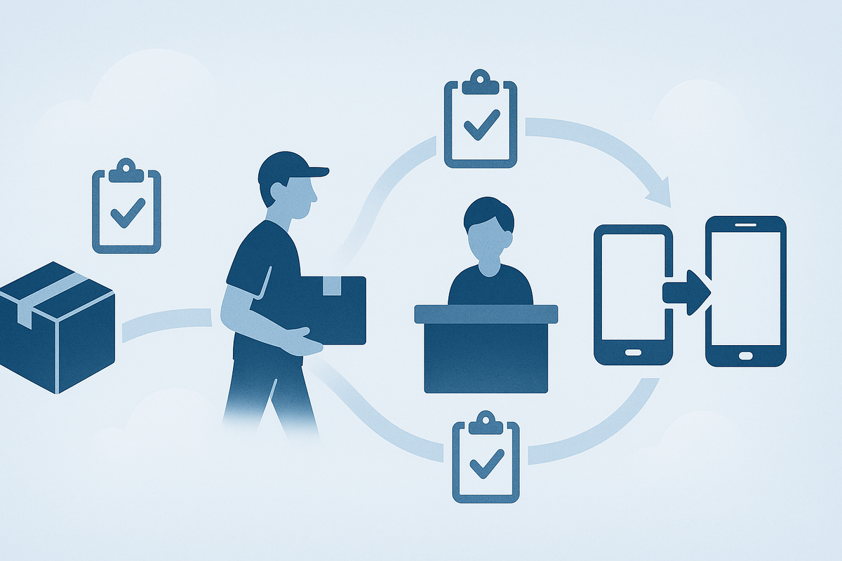 Free exchange & repair flow—box → courier → service counter → replacement phone with checklists—gentle reassurance, step-by-step calm for Docomo/Sony support seekers