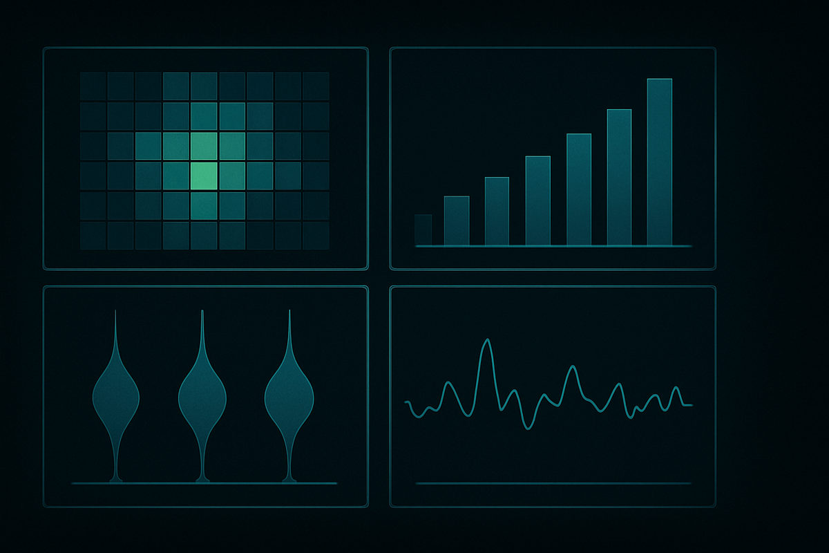 Odds dashboard—heatmap, rising bars, violin distributions, and social pulse line—realistic view of Sofmap Switch2倍率, cold analytics with electric curiosity and high-stakes tension