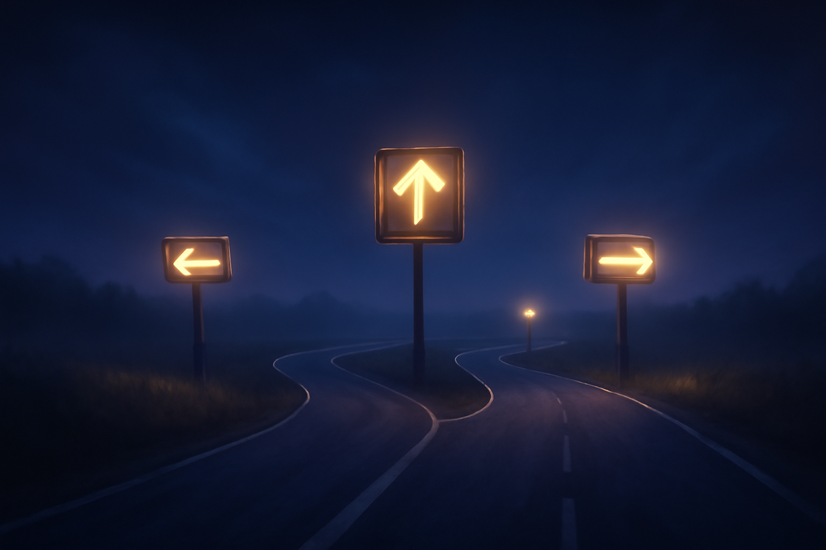 Forked night roadmap with glowing arrows—second-chance raffle, in-store stealth drop, refurbished route—resilient hope, choose-your-path energy after a miss