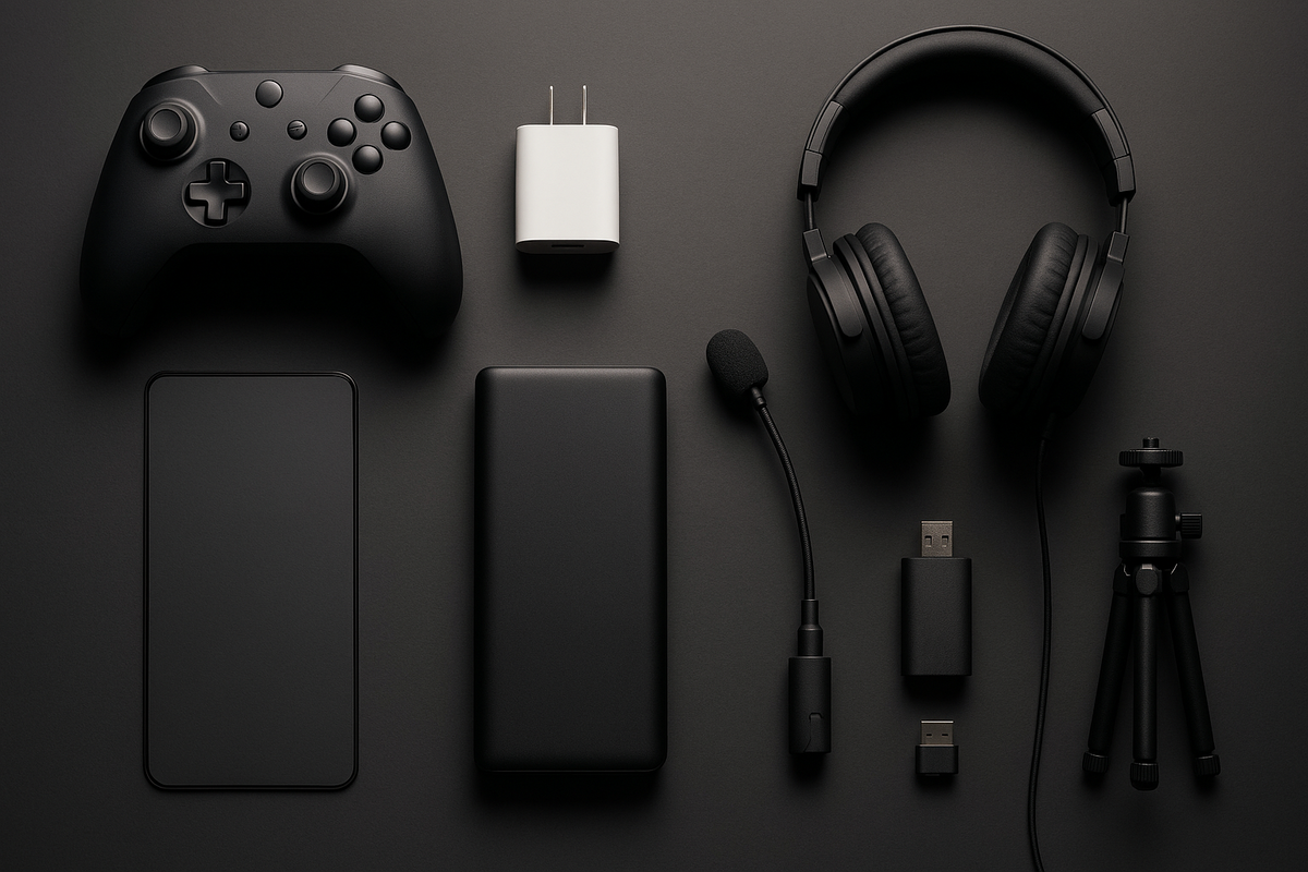 Premium flat-lay of day-one gear—controller, fast charger, power bank, headset, mic, capture dongle, mini tripod—upgrade euphoria for Switch2 setup, ready-to-play joy
