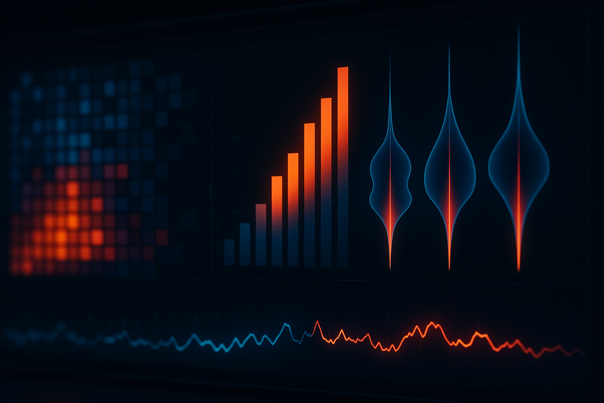 Odds dashboard—heatmap, rising bars, violin distributions, and social pulse line—real-world lottery rate analysis for the Switch2 bundle, electric tension, data-driven truth