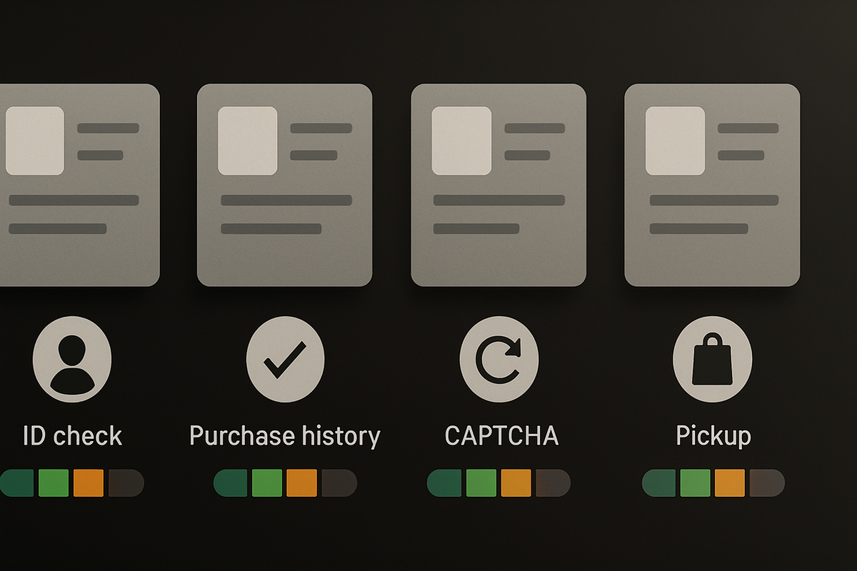Side-by-side retailer rule cards—ID check, purchase history, CAPTCHA, and pickup with difficulty meters—decisive, no-nonsense comparison of lottery conditions