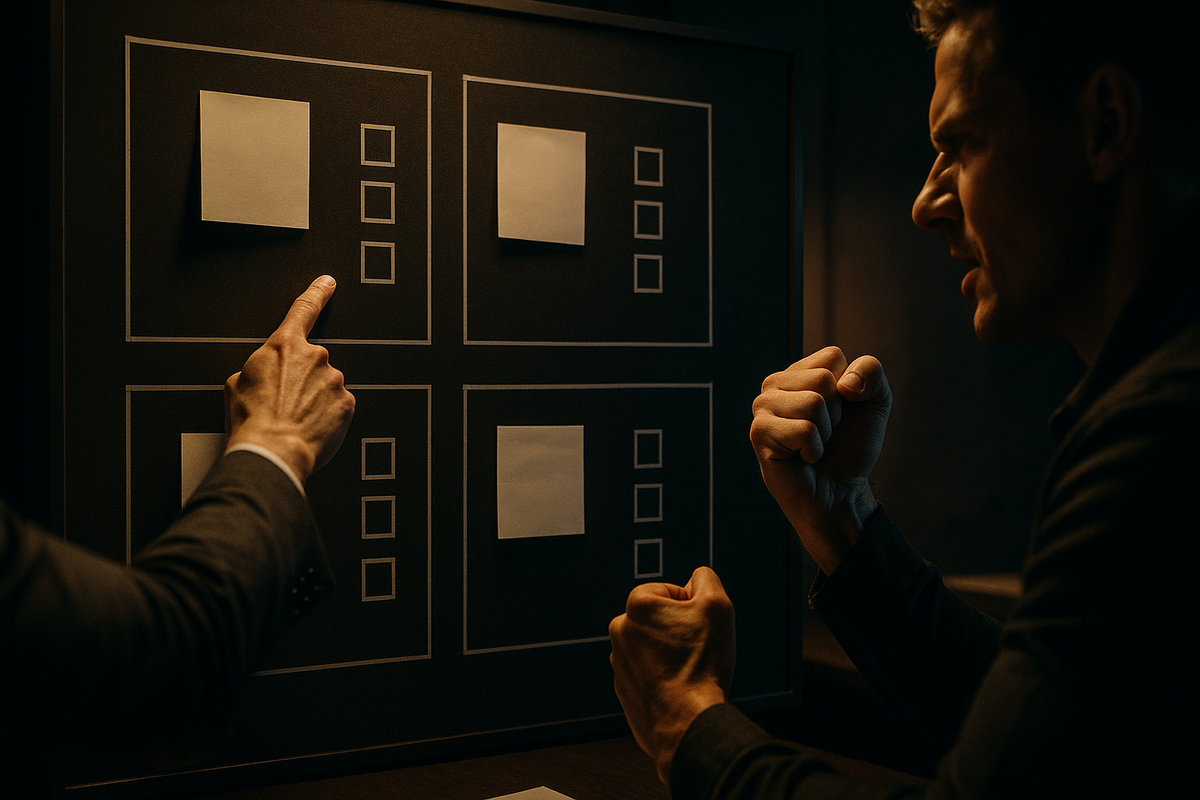 War-room decision board—hands pointing at checklists with fierce determination—multi-entry strategy, timing windows, inbox filters, and KYC prep, gritty resolve to win